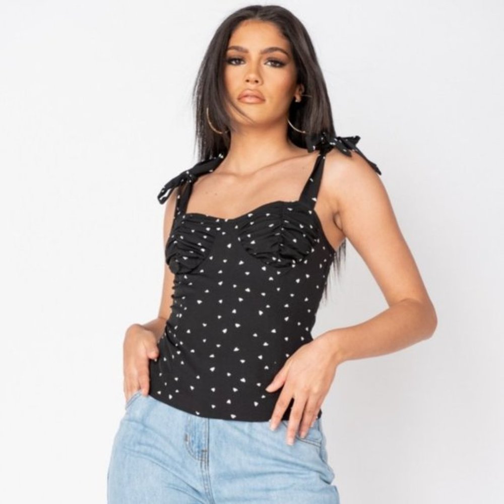 Black and White Heart Print Sleeveless Bustier Top Blouse